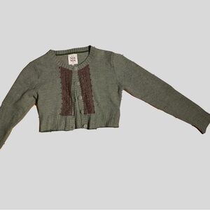 Elegant Khaki Crop Cardigan with Lace Detail. Might be wool.